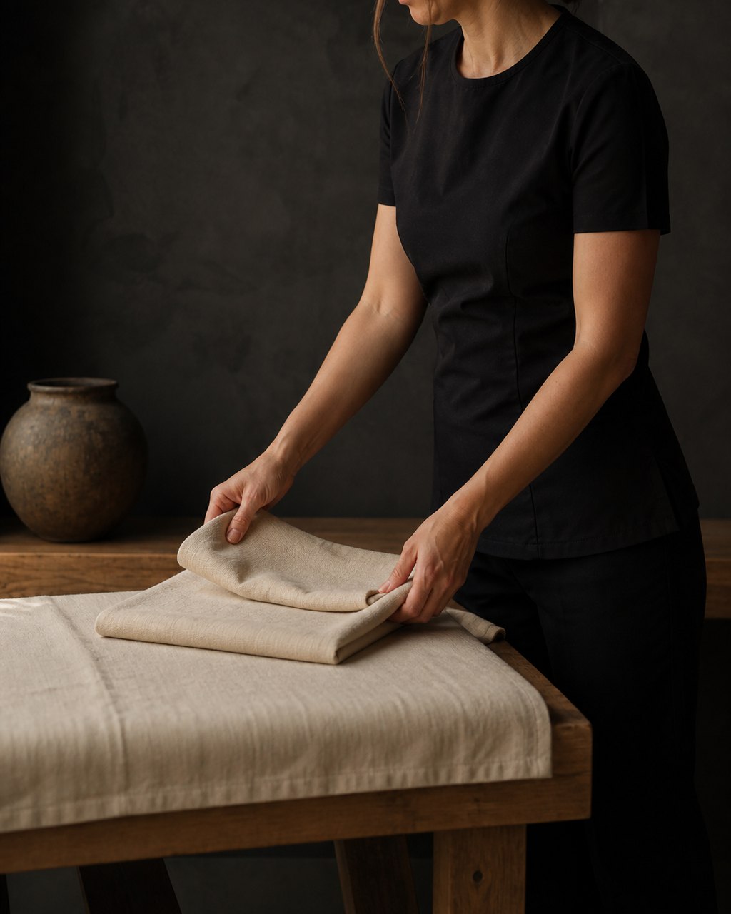 Massage practitioner preparing fresh linens.