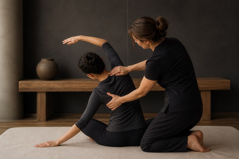Fully clothed Thai mat massage with assisted movement.